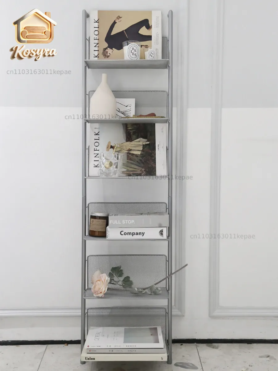 ins style bookshelf against the wall, narrow medieval CD shelf, floor-to-ceiling multi-layer magazine storage display