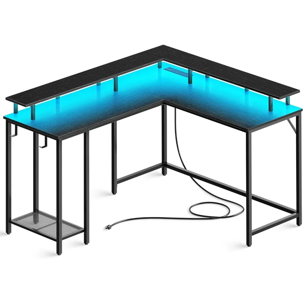 L-shaped gaming table with power socket and LED lights, computer desk with monitor stand, corner table with hooks, black