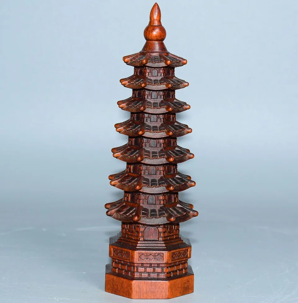 

6"Tibetan Temple Collection Old Boxwood Seven story Wenchang Tower Buddha Pagoda Amulet Dharam Worship Hall Town house