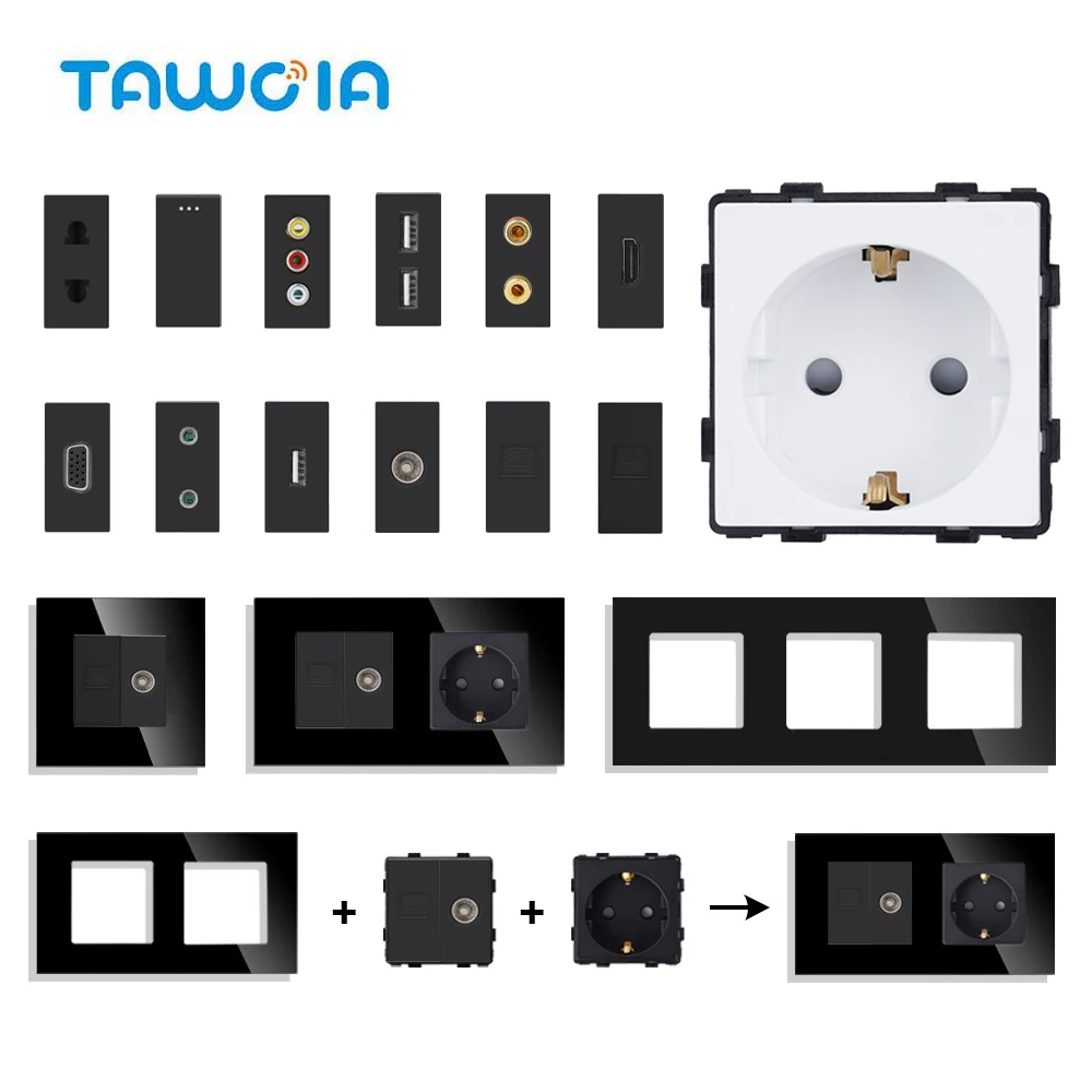 TAWOIA Black DIY TV Satellite USB Phone Charge Type-C Socket PC RJ45 Jack CAT6 TEL HDMI VGA Earphone 2pin Socket 1Gang Switch