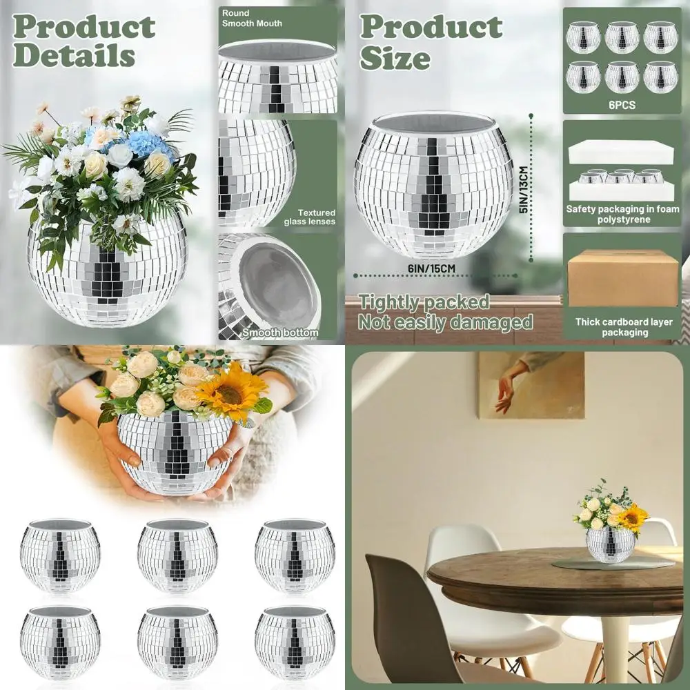 

6-Piece Silver Disco Vase Set, 5-6 Mirror Ball Planters, Glass Candle Holders, White Vases for Party & Wedding Decor