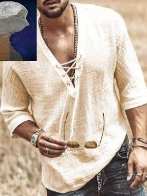 Men's Loose Fit Casual Shirt with Drawstring V-Neck Long Sleeve Seven Inches Wide Loose Collar All-Season Wear for Men