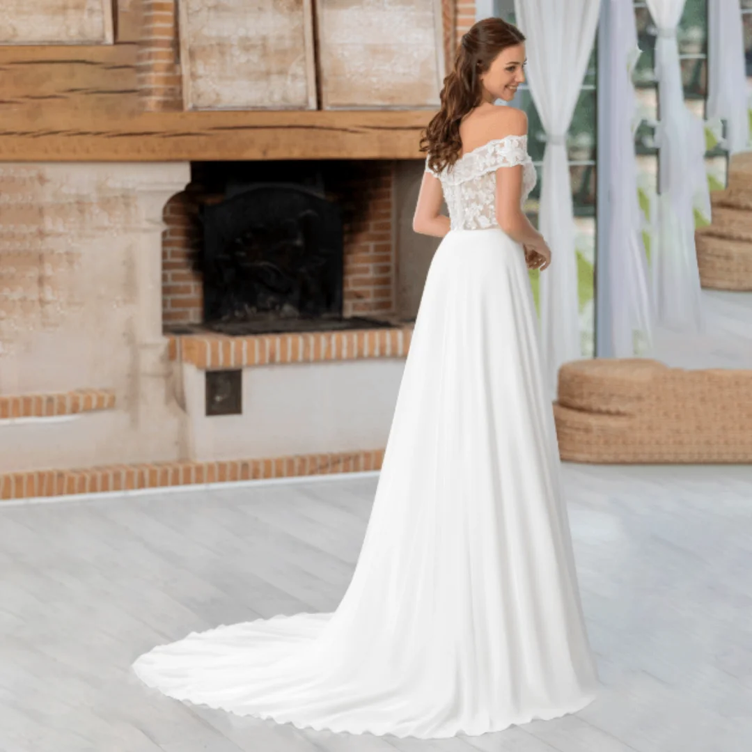 

Chiffon Lace Off the Shoulder Wedding Dresses Women White Sweetheart A-line Floor-Length Evening Gown Elegant Bridal Dress