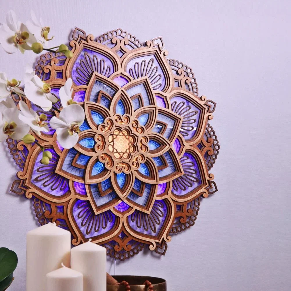 LED Night Light Mandala Yoga Nightlights Room Background Wall Wooden Hanging Carved Flower Ornament Multilayered