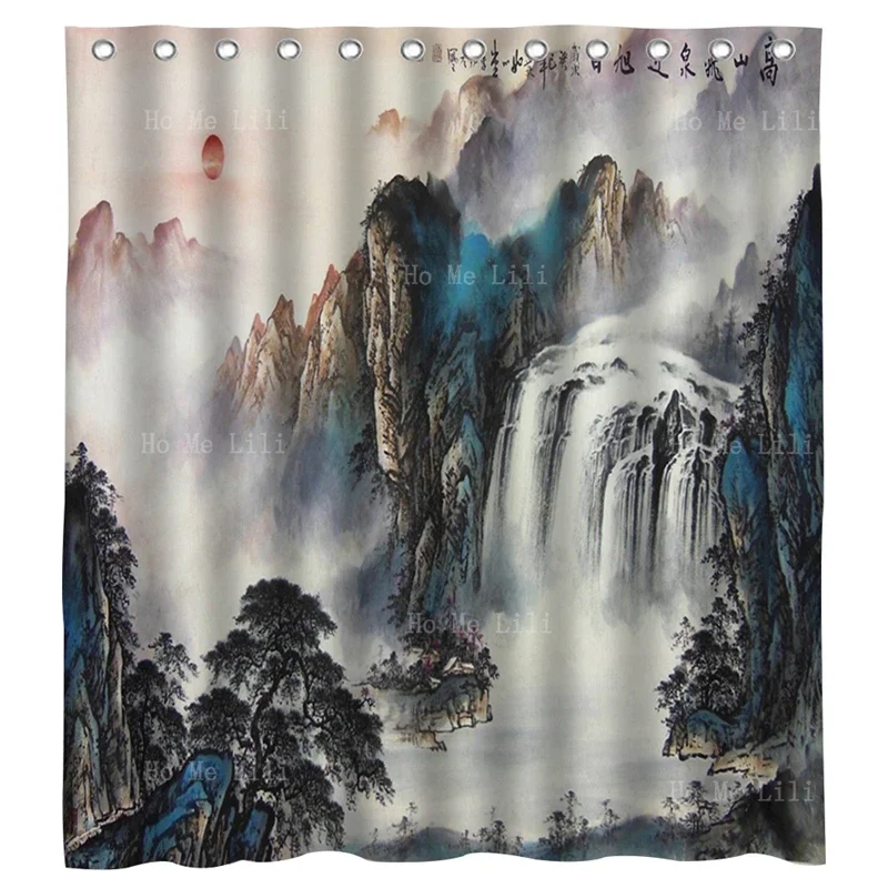 Famous Chinese Landscape Sunrise Waterfall Ancient Ink Painting Scenery Drawing Shower Curtain By Ho Me Lili