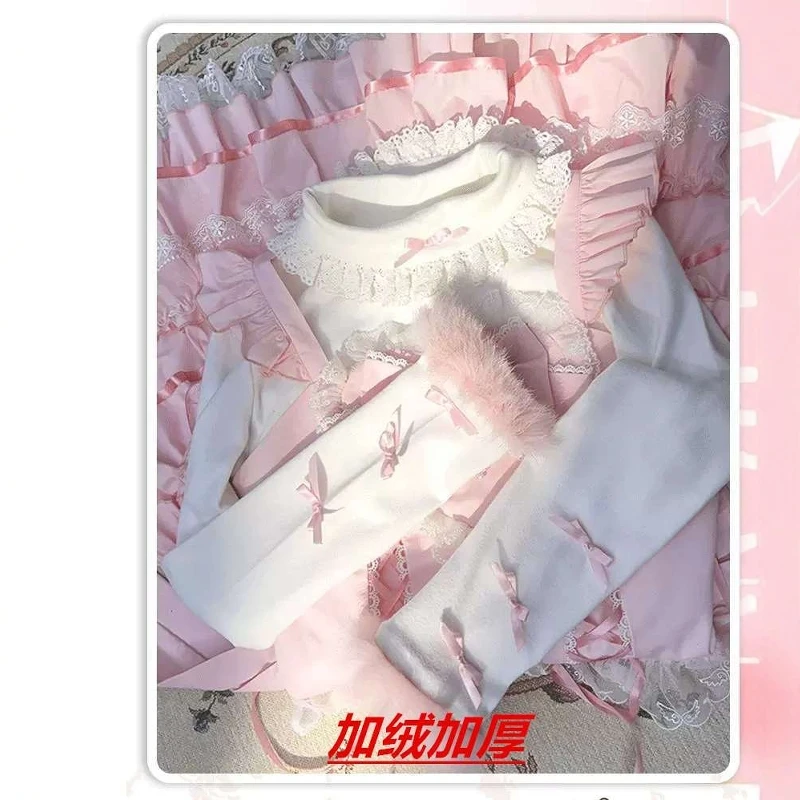Japanese Style Original Autumn Winter New Fleece Lolita Thickened Warm Inner Top Sweet Cute Versatile  Base Shirt for Women