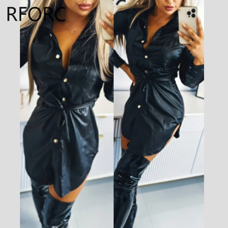 2023 Women Solid Pu Leather with Belts Turn Down Neck Buttoned Sexy Shirt Dress