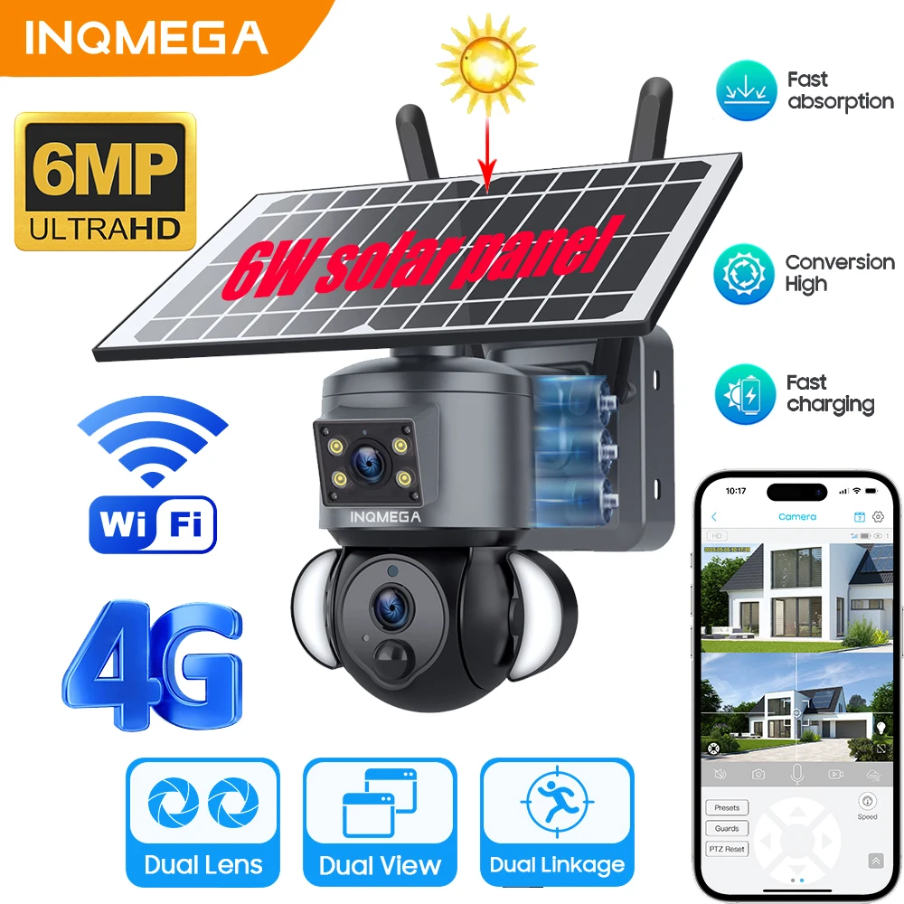 

INQMEGA 6MP Solar Camera 4G SIM/WIFI Outdoor Security Dual Lens PIR Humanoid Tracking Recording Color Night Vision PTZ Camera