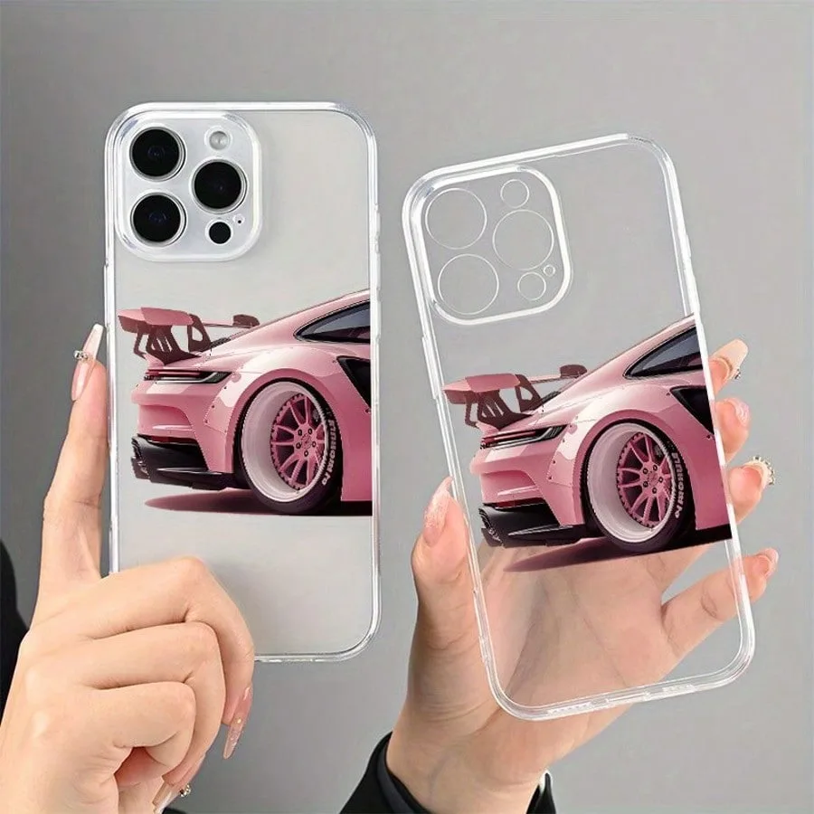 Pink Car Pattern Transparent Phone Case For iPhone 17 16 11 13 12 14 15 Pro Max XS X XR 7 8 Plus 16E 17Air Shockproof Soft Cover