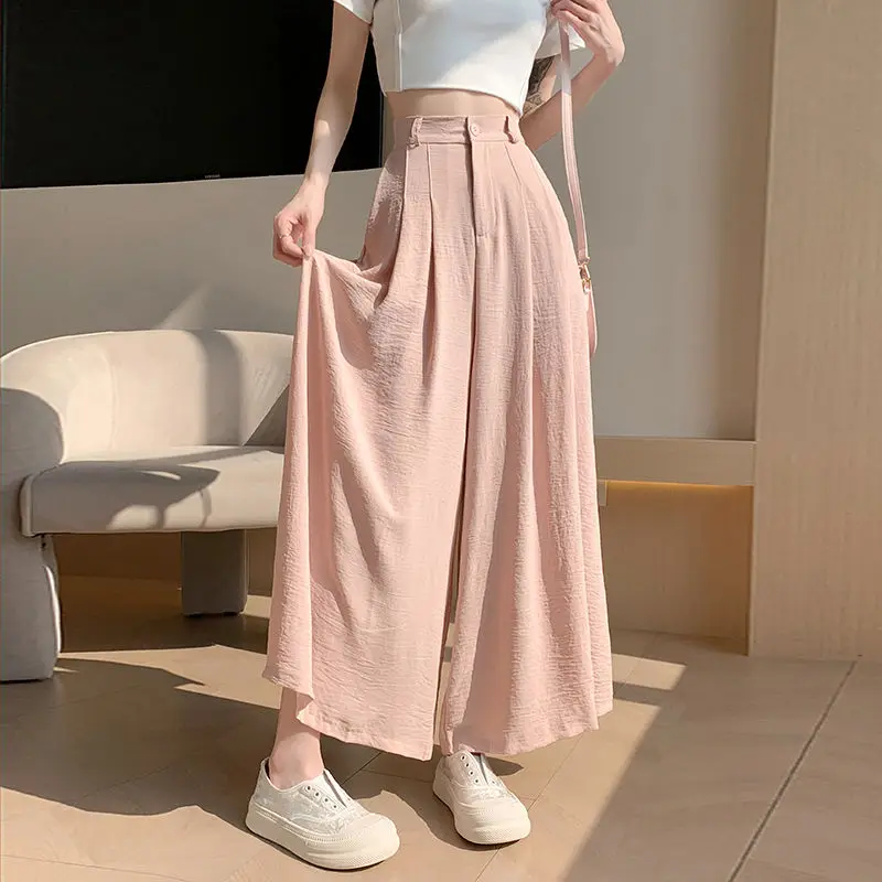 Korean Fashion Summer Thin Skirt Pants Women Solid Ice Silk Zipper Elastic High Waist Hip Hop Loose Straight Wide Leg Trousers