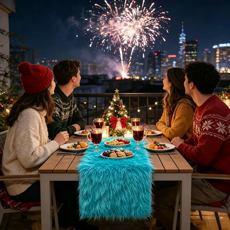 Plush Table Runner Bright Blue Faux Fur Fleece for Dining Table Christmas Non Slip Backing Machine Washable Gift