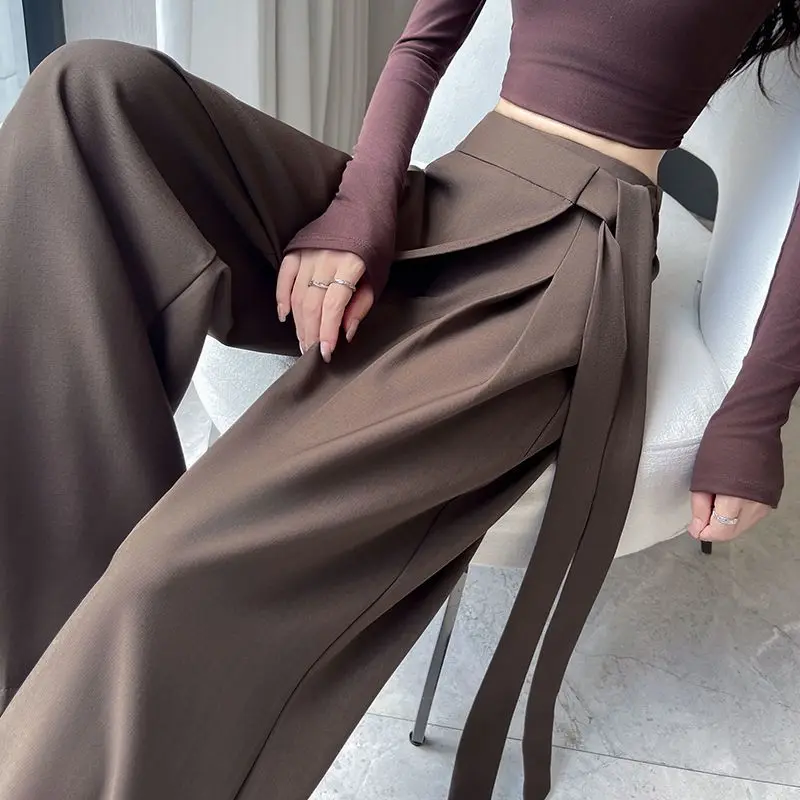 Design strap suit pants women's autumn 2025 new high-waisted and thin vertical straight casual wide-leg floor-mopping pants