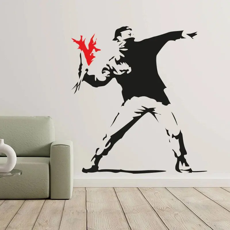 Banksy Flower Throwing Protest Wall Decal Funny Vinyl Stickers Decorative Vinile For Living Room Adhesive Murals 2203