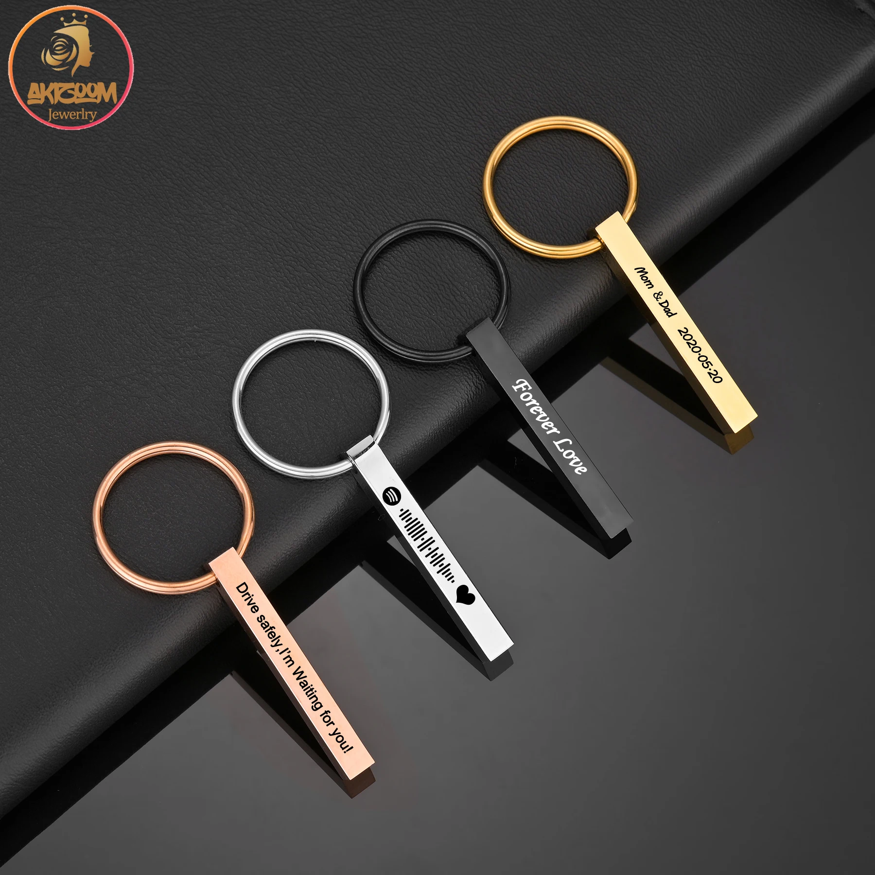 Akizoom Custom Name Keychain Stainless Steel Engrave Text Date Personality 4 Colors Bar Keyring Unsex Men Birthday Jewelry Gift