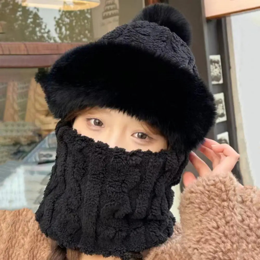 Winter Knitted Hat Scarf Mask One-Piece Plush Pompom Beanies for Women Fleece Lining Warm Bonnet Ears Neck Protection Skiing Cap