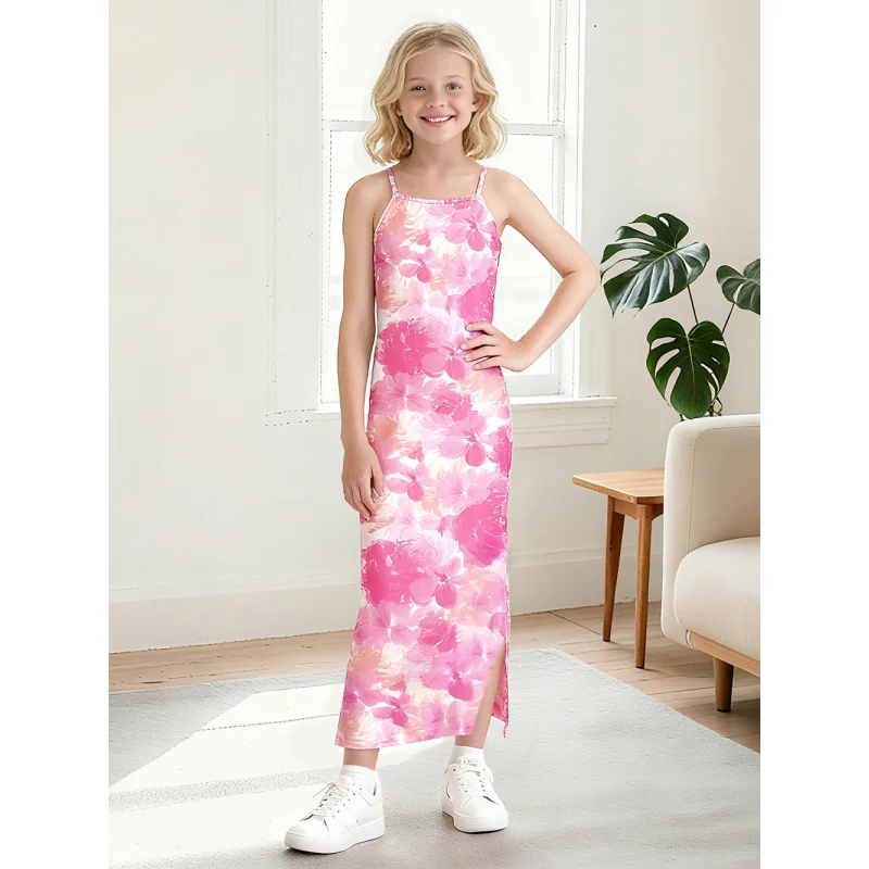 تصميم صيف 2025! فستان طويل بفتحة حبال للفتيات، ملابس أطفال عصرية بطبعة زهور وردية