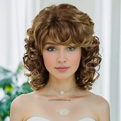Mix Blonde Synthetic Wigs with Bangs Natural Fluffy Soft Bouncy Curly Wig for Women Ladies Daily Costume Cosplay Party Fake Hair
