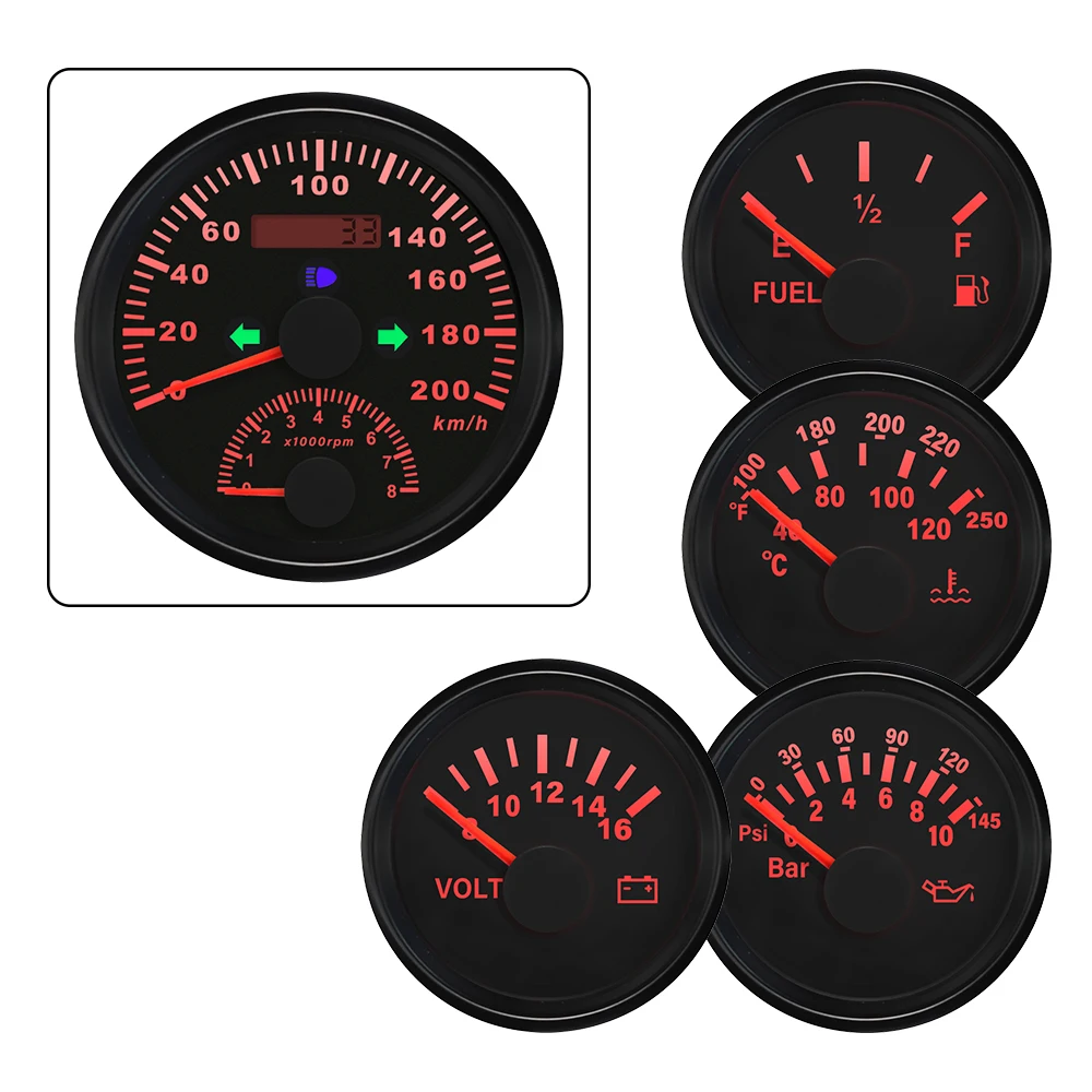 5 Gauge Set 85mm 0-200km/h GPS Speedometer 0-8000 RPM Tachometer 52mm Water Temp Oil Pressure Fuel Level Meter 8-16V Voltmeter