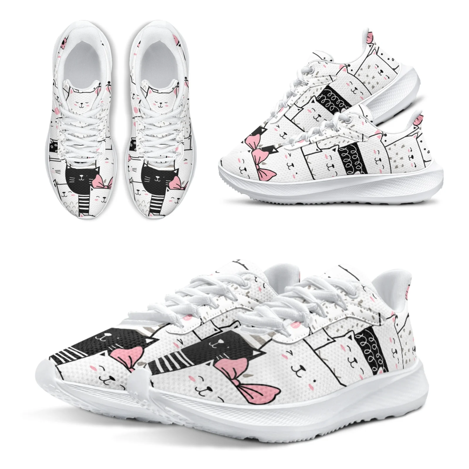 INSTANTARTS Running Shoes For Women Cartoon Cat Print Comfortable Gym Sneakers Kawaii Cat White Girls Tennis Shoes Flats Zapatos