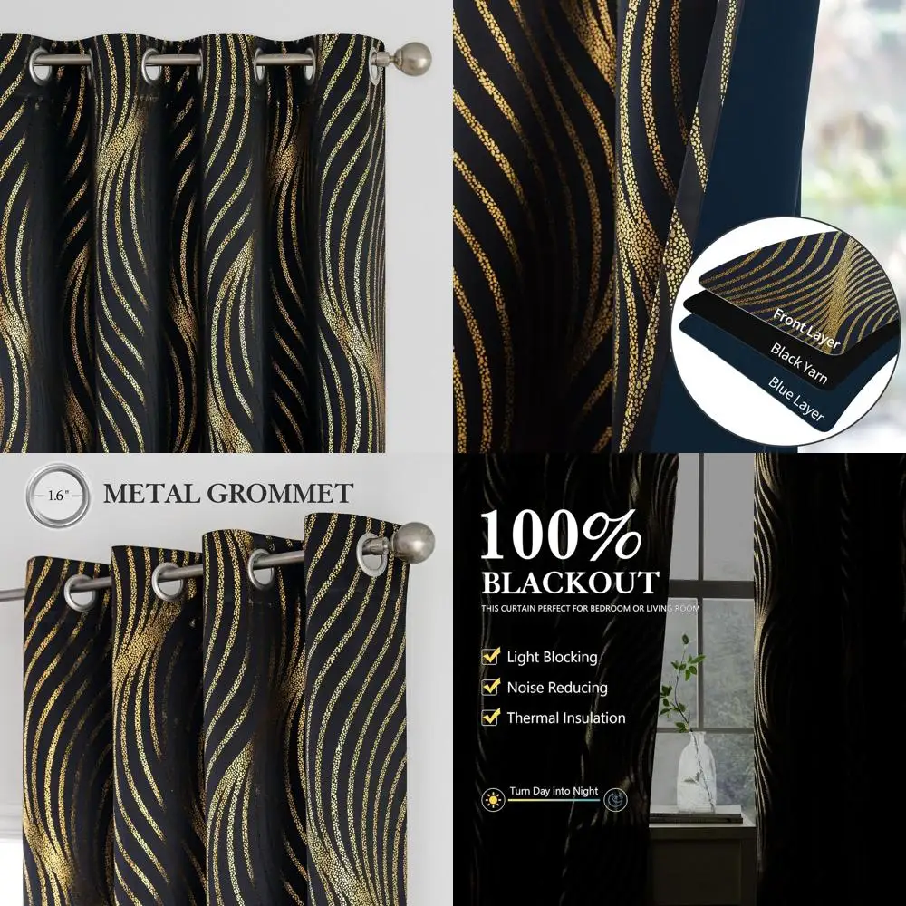 

Blackout Curtains with Gold Wave Line Pattern, 96 Long, Thermal Insulated Grommet Panels for Living Room