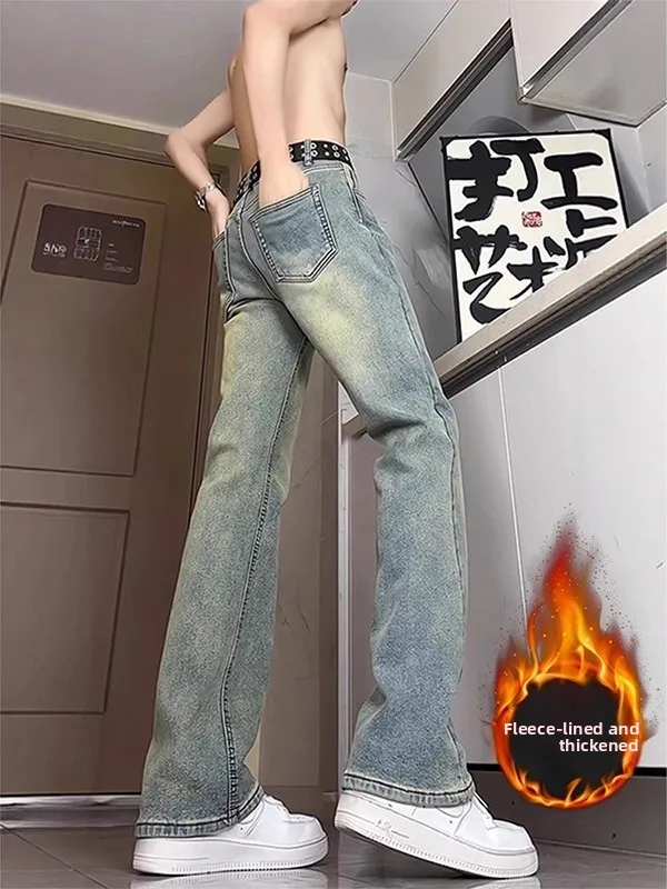 

American High Street Vibe Men's Fce Lined Slim Straight Leg Jeans mid Waist Rise Tapered Straight Cut Casual Denim Pants
