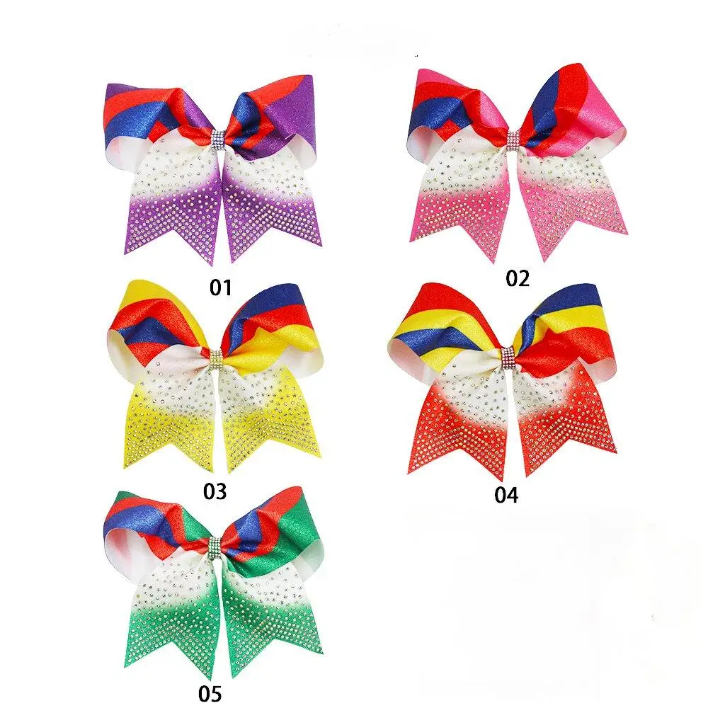 12pcs/Lot 7 Inches Cheerleader Bling Rhinestone Bow Hair Tie Custom logo for Student Ponytail Holder Sparkle Crystal Cheer Bow