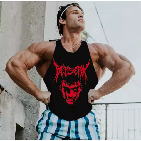 Men's Berserk Graphic Stringer Vest - Gym Fitness Racerback Tank Top, Breathable, Stylish Comfortable for Bodybuilding &amp; Workout