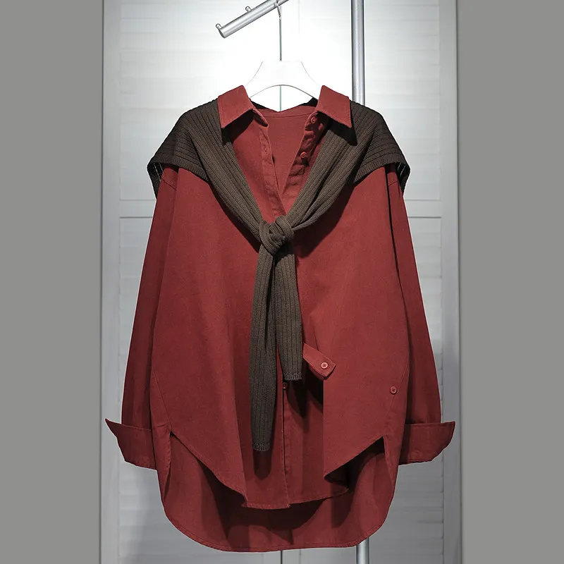 SuperAen Solid Color Elegant Shawl Two-piece Shirt for Women Autumn and Winter New Single Breasted Loose Top