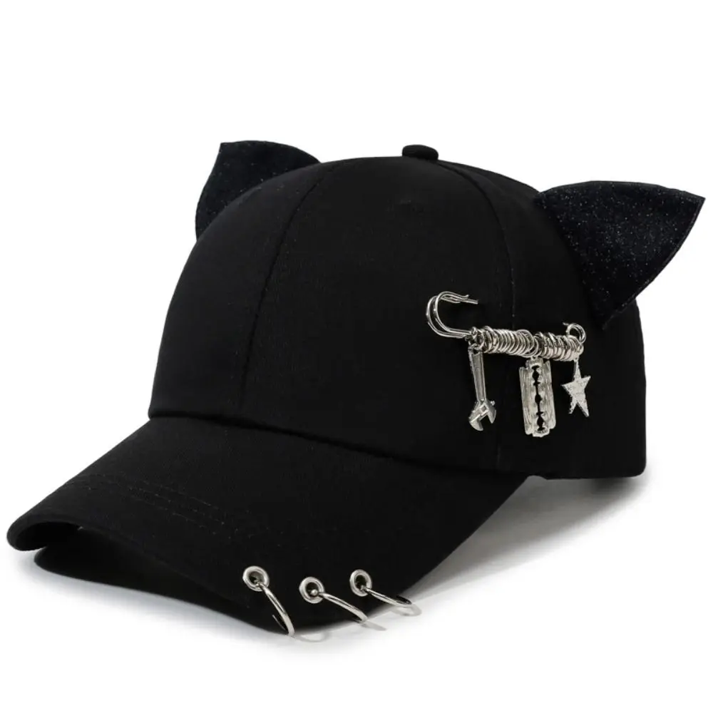 Lightweight Hiphop Cat Ear Baseball Cap Pin Ox Horn Peaked Cap Rivet Spicy Girls Metal Ring Baseball Hat Street
