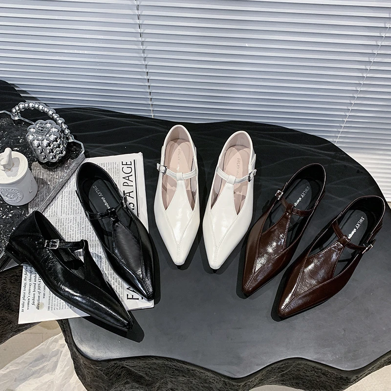 

2025 Новые высококачественные весенне-осенние кожаные туфли на плоской подошве с Т-образным ремешком, женские туфли на плоской подошве в стиле ретро с острым носком, женская обувь больших размеров