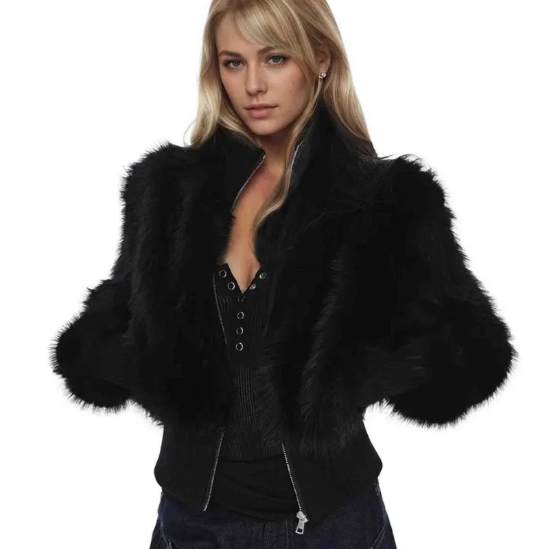 

Women's New Autumn Winter Short Zipper Fur Coat Brand Jacket Trend Luxury High Quality Stand Collar Fluffy Fox Fur Faux Fur Coat