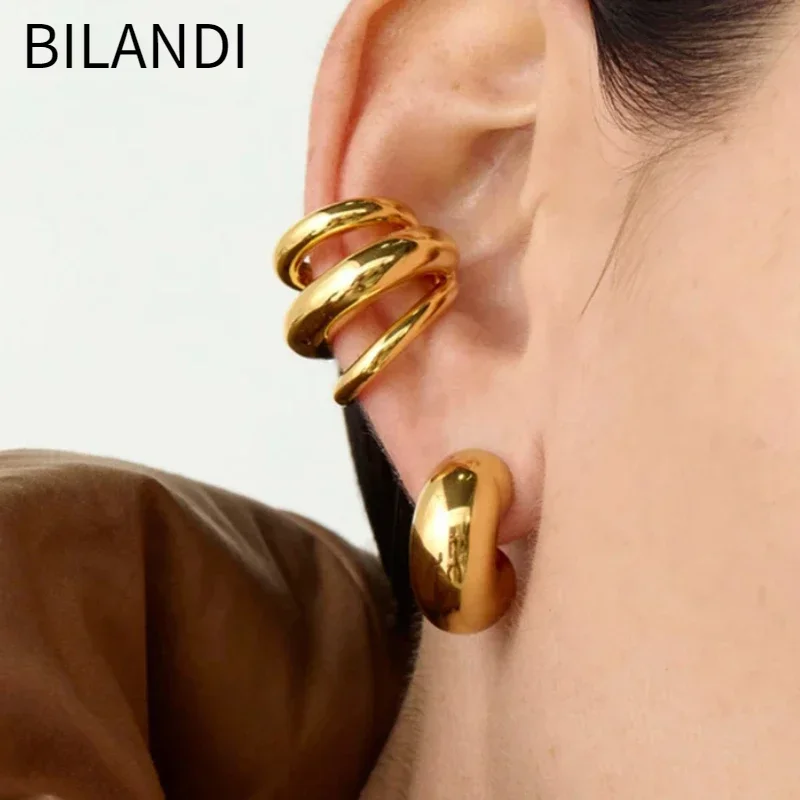 

Bilandi Fashion Jewelry Cool Hiphop Gold Color Metal Clip Earrings For Women Party Gifts Simply Design Ear Accessories