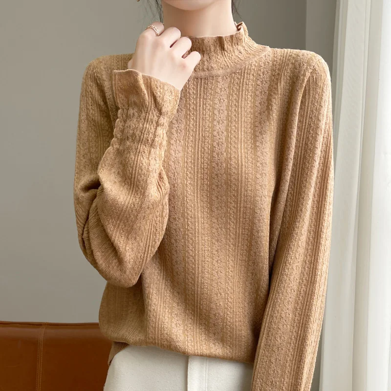 Autumn and winter new 100% pure wool women\'s semi-high-necked wood ear hollow long-sleeved knitted loose bottoming shirt sweater