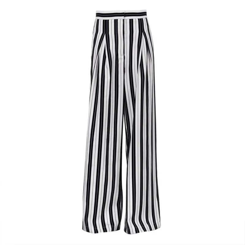 Women's Black and White Striped Wide-Leg Pants, Casual Slimming Pants, High Waist, Loose Drooping, Mop Trousers, New