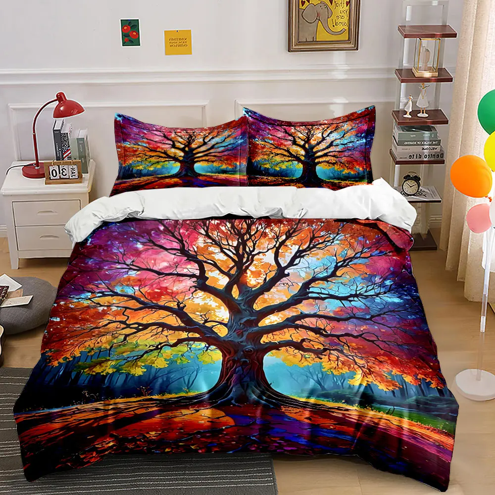 Radiant rainbow tree in forest Printed Duvet Cover Set 1 Duvet Cover+2 Pillowcase Multi Size Bedroom Bedding Decoration
