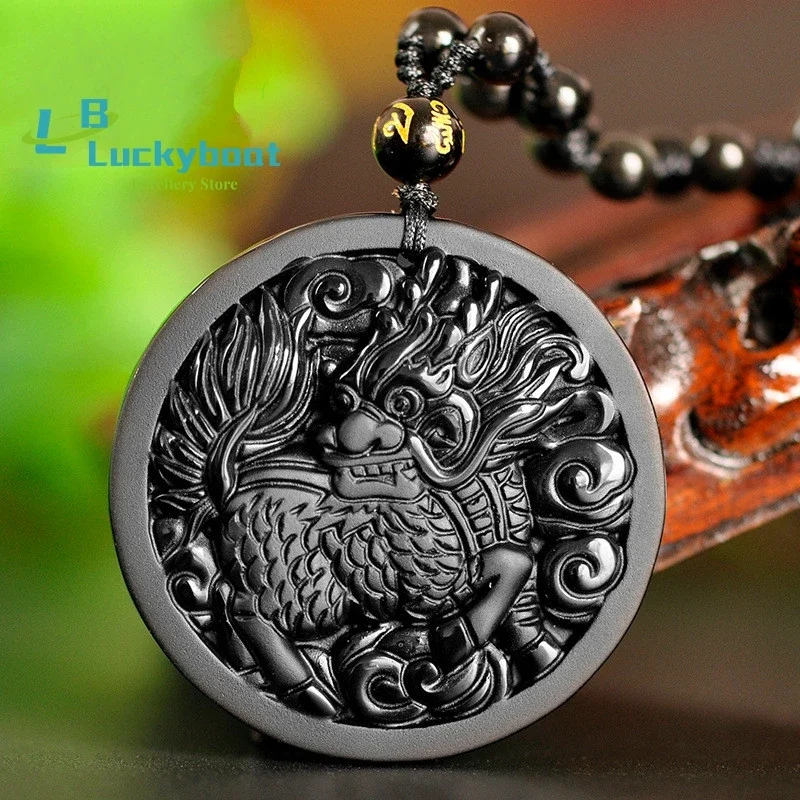 

Natural Black Obsidian Kirin Unicorn Jade Pendant Necklace Chinese Hand-Carved Fashion Jewelry Amulet Accessories for Men Women