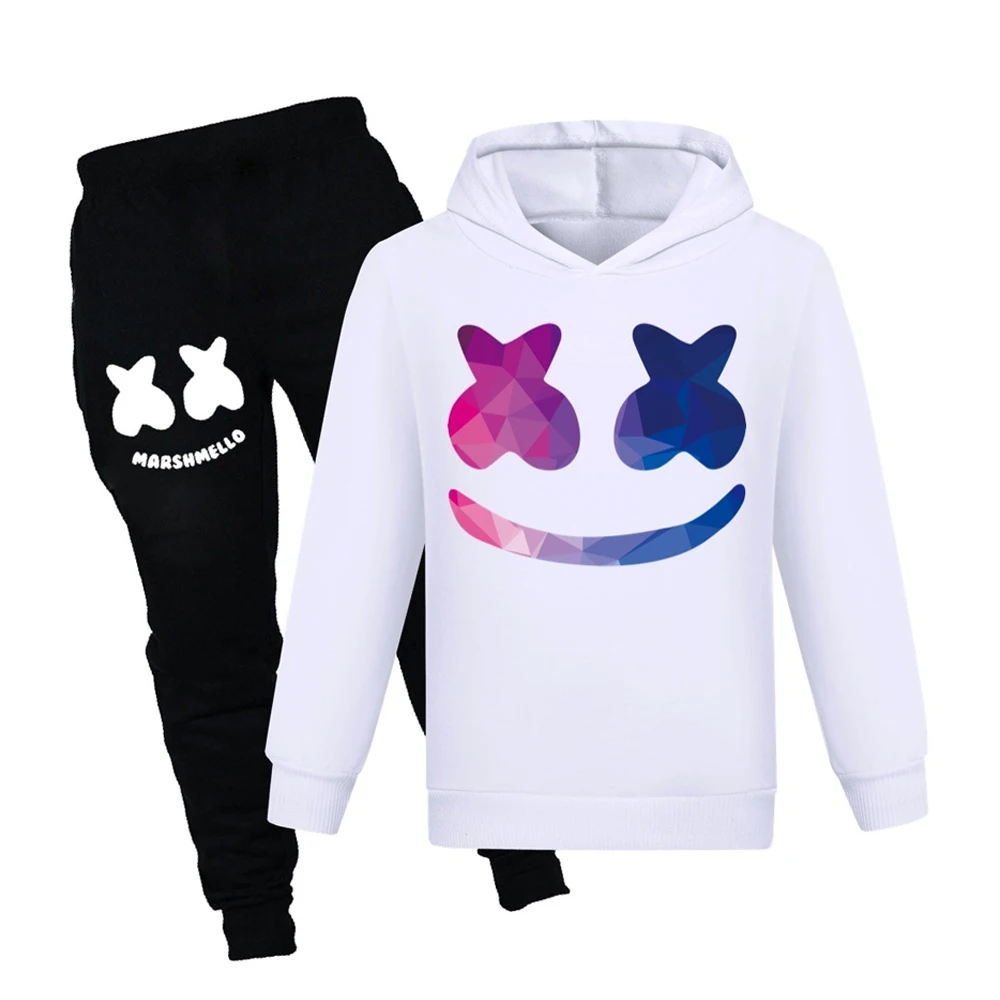 Halloween marshmello dj traje crianças manga longa com capuz + calças 2 pçs conjunto crianças meninos camisola música concerto festa de natal presente
