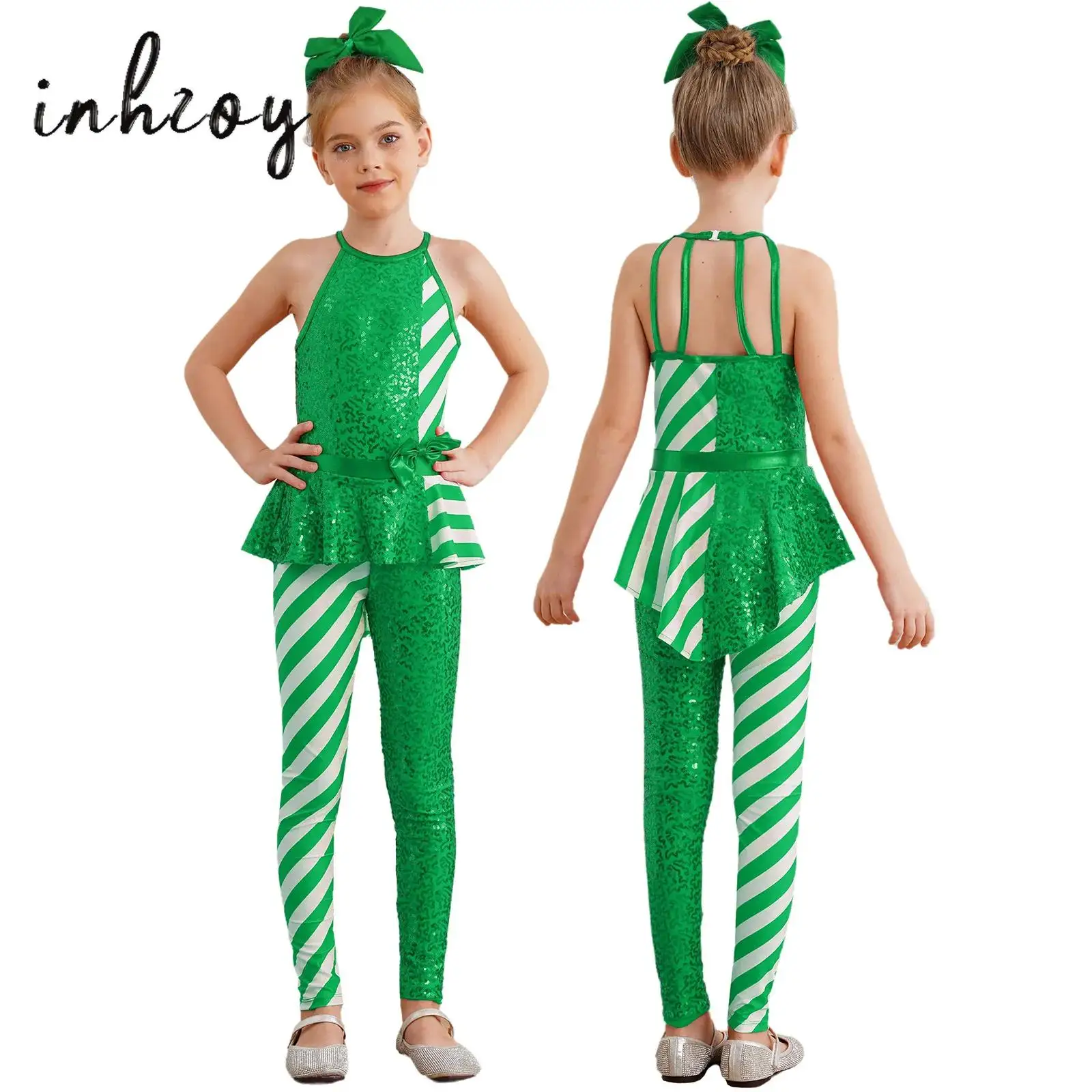 

Kids Girls Christmas Candy Cane Costume Stripes Sequined Dance Jumpsuits Ice Skating Bodysuits Performance Gymnastics Unitard