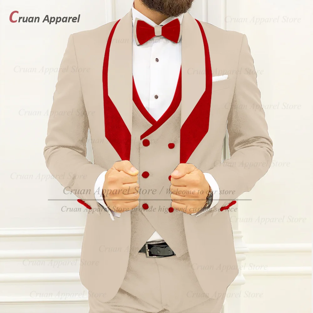 Fashion Men White Suit Slim Fit Formal Wedding Mens Tuxedo Tailor-made Homecoming Red Velvet Lapel Blazer Vest Pants 3 Piece Set