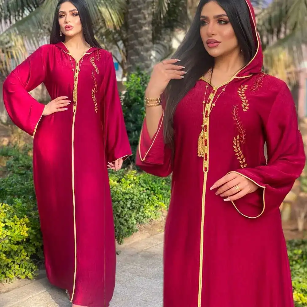 

Women's Embroidered Gold Border Hooded Robe Jalibaya Dress 2025 Muslim Long Dress Robe Abaya Ramadan Dubai Luxury Islam Elegant