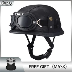 Casque de moto demi-visage en cuir de style allemand, prix d'usine, approuvé par le DOT, casquette 1/2 coque, casque ouvert avec lunettes