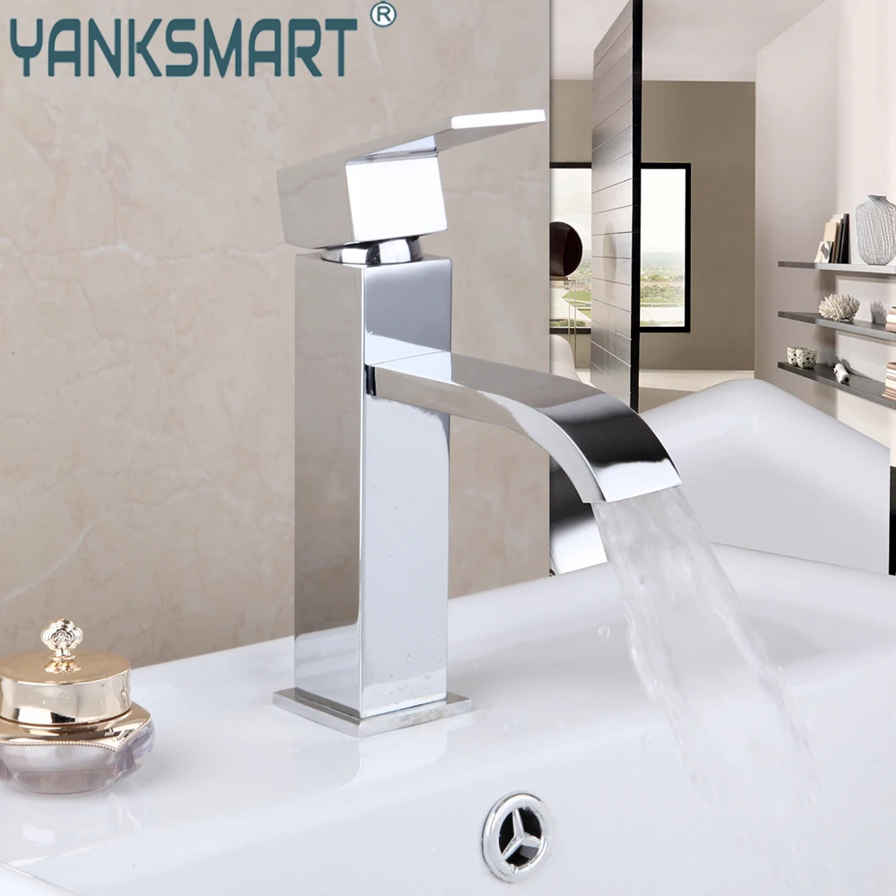 

YANKSMART Bathroom Faucet Brass Single Handle & Hole Washbasin Torneira Deck Mounted Waterfall Hot and Cold Sink Mixer Water Tap