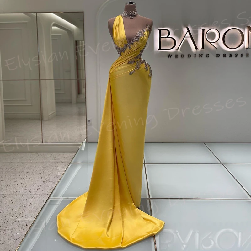 Arabia Modest Yellow Women\'s Mermaid Generous Evening Dresses Sleeveless Beaded Prom Gowns Appliques Formal Party فساتين سهرة