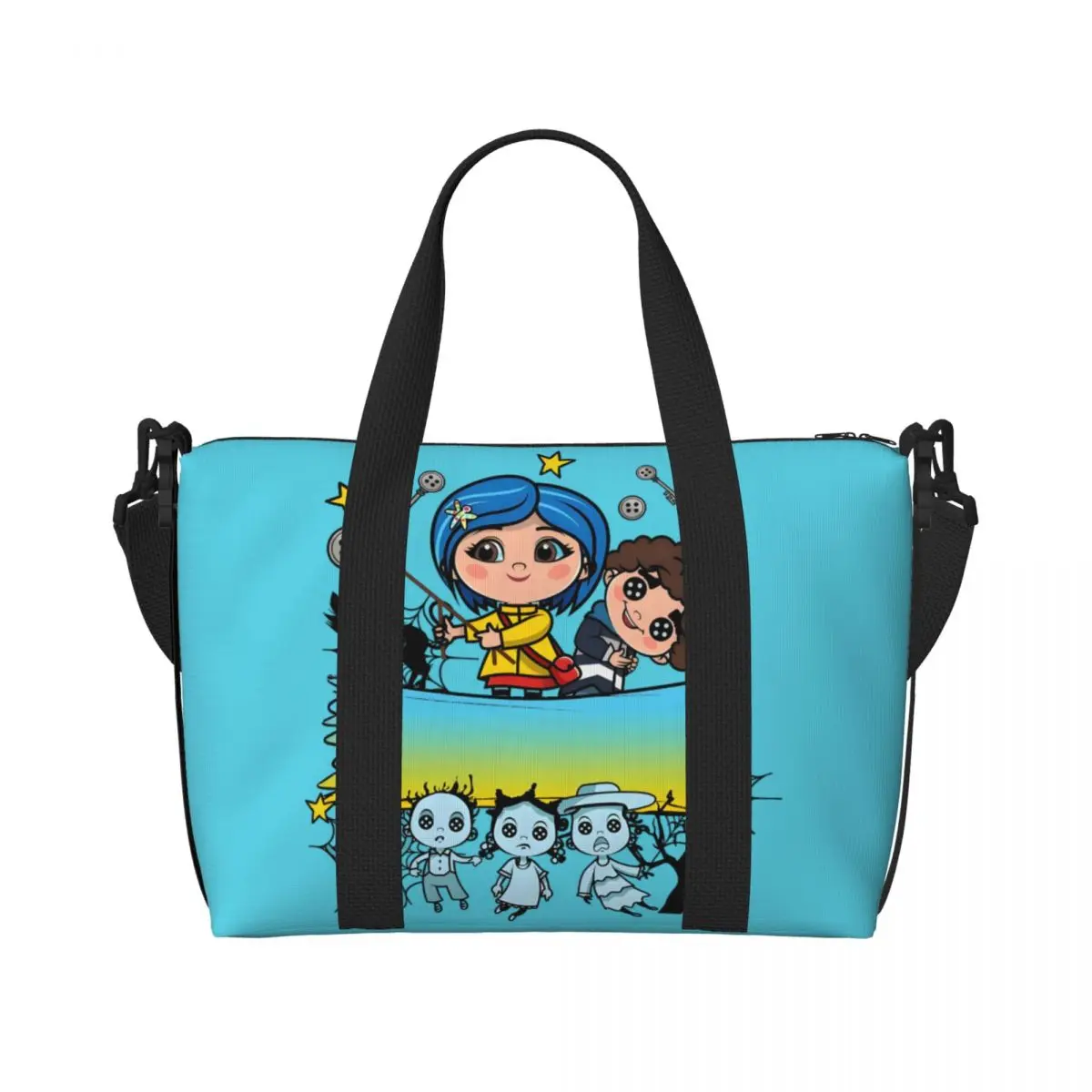 

Custom Coraline Beach Tote Bag for Women Extra Large Gym Carry On Cartoon Travel Shopping Bags