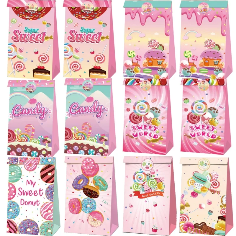12/24pcs Ice Cream Paper Bags with Sticker Lollipop Party Favor Bags Donut Treat Candy Snack Bags Girl Candy Birthday Party Deco