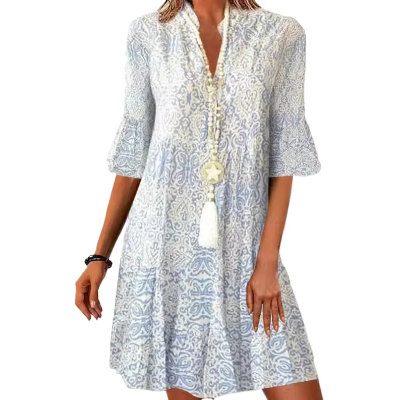 

Fashion Vintage Print Female Pullover Dresses 2025 Spring Summer V Neck Short Sleeve Dress Casual Women Loose Party Vestidos