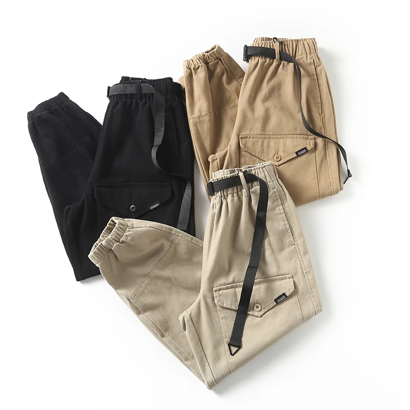 

American Retro Work Pants Men's Spring Autumn Heavyweight Trendy Loose Sports Long Trousers with Big kets Cuffed Youthful