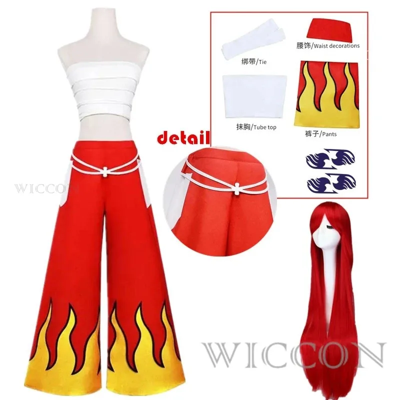 dd54アニメコスプレ女性用日本アニメロールエルザ・スカーレットコスチュームパンツホワイトチューブトップレッドクールセットダークブルーテールタトゥースティック