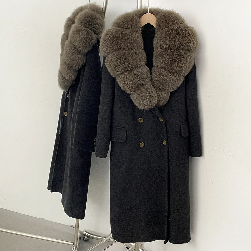 OFTBUY Wollmantel für Damen, Luxuriöse Doppelseitige Wolljacke, Winter-Oversize-Mantel mit Echtem Fuchsfell, Doppelreihig, Elegante Oberbekleidung – Detail 27