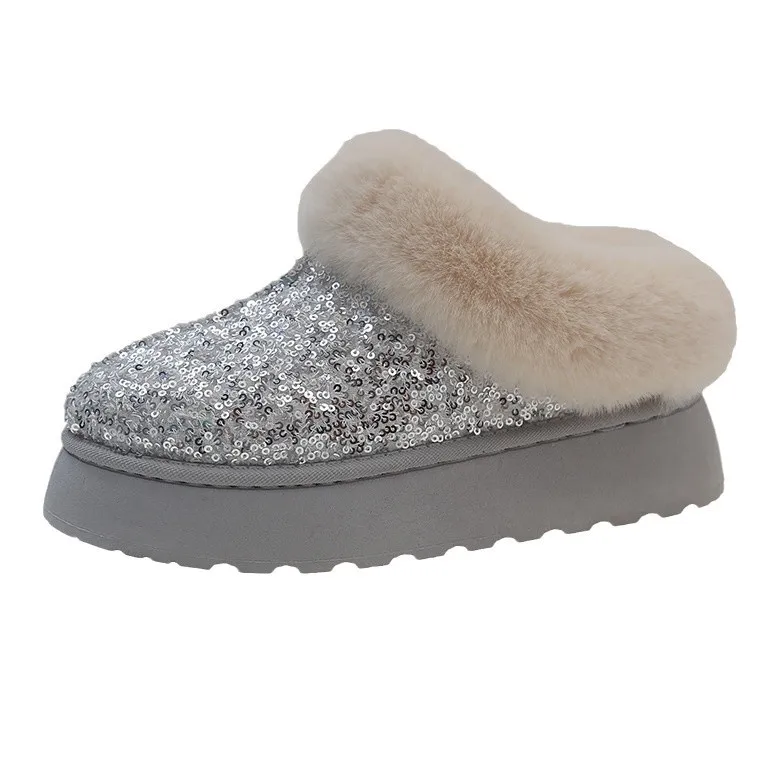 36-44 Ankle Snow Boots Women Winter Fashion Shiny Fur Short Plush Warm Flats Slippers Platform Shoes Indoor Cotton Flip-Flops 40